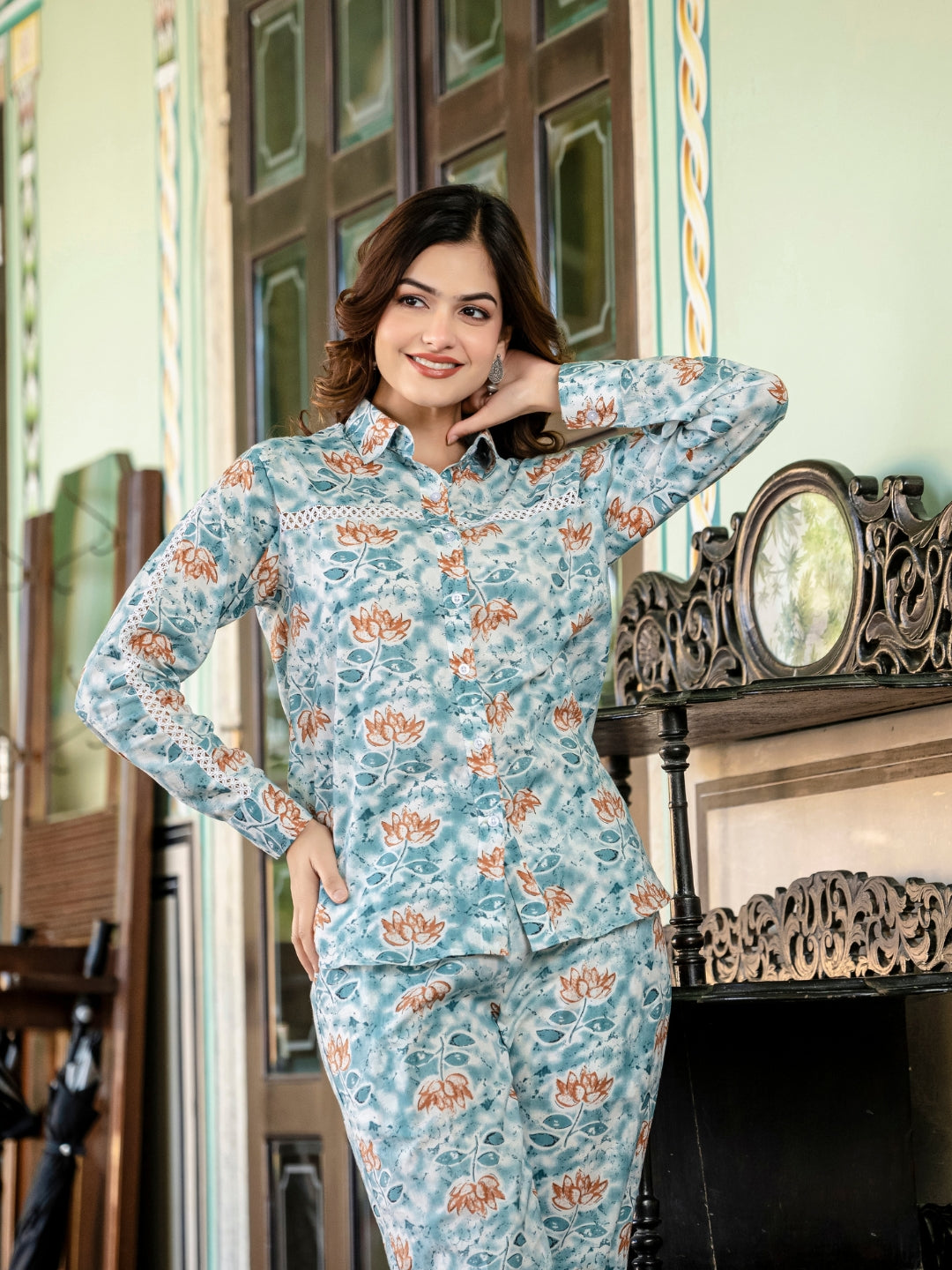 Blue Pure Cotton Lace Detailing Co-ord Set